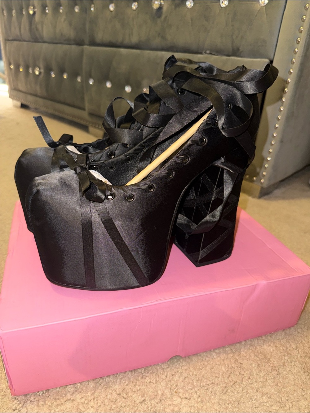 Dolls Kill Black Satin Lace-Up Platform Block Heels